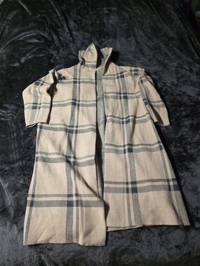 Max Studio Beige Plaid Long Coat with Black Windowpane. Pilled In Areas